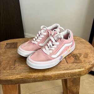 Pink Sneakers with White Stripes and Floral Design